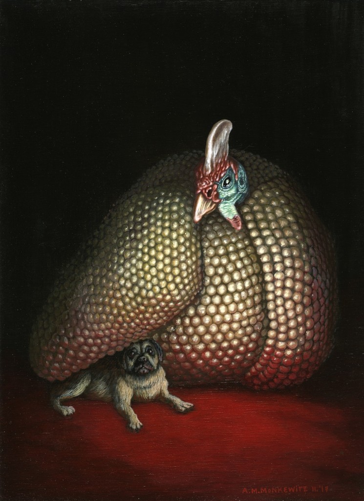 "Perlhuhn mit Mops", Acryl auf Holz, B22H30cm (VERKAUFT)