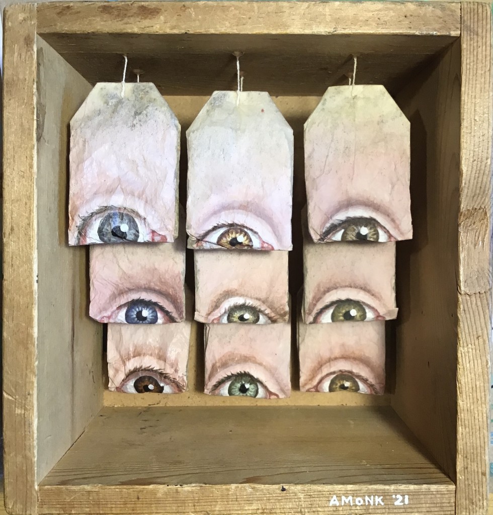 "surprise", Acryl auf Teebeutel, Holzschachtel (sold)